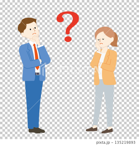 Business illustration of a man and woman standing with a large question mark between them 135219893