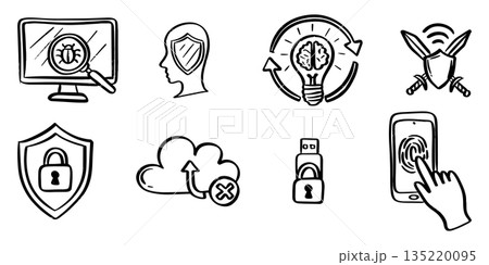 Cybersecurity and Digital Technology Hand Drawn Doodle Icon Set. 135220095