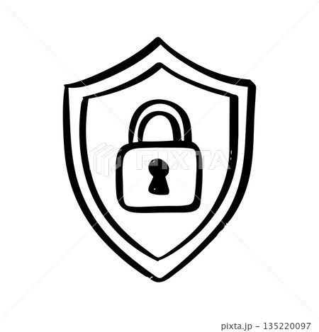 Hand Drawn Security Shield with Padlock Icon Cyber Security and Data Protection Concept. 135220097