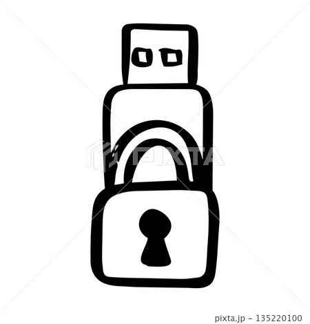 Digital Security Concept Hand Drawn Icon of USB Flash Drive with Padlock. 135220100
