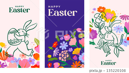 Cute Easter vertical banners with rabbits and colorful spring flowers. Playful folk art style with Cute Easter vertical banners with rabbits and colorful spring flowers. Playful folk art style with 135220108