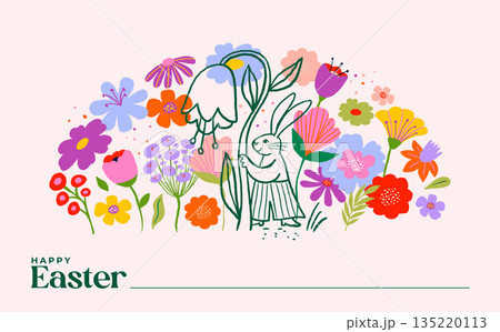 Cute Easter background with hand-drawn rabbits and colorful spring flowers. 135220113