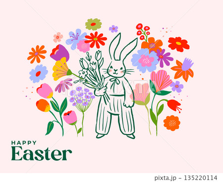 Cute Easter background with hand-drawn rabbits and colorful spring flowers. 135220114