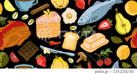 seamless pattern with bread, vegetables and fruits 135220230