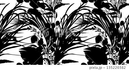 Print A seamless pattern with tropical plant silhouettes in vector for textiles and wallpaper design Print A seamless pattern with tropical plant silhouettes in vector for textiles and wallpaper design 135220382