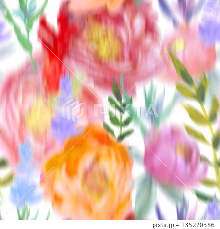 Seamless pattern with a blur effect and multicolored peonies for textiles 135220386