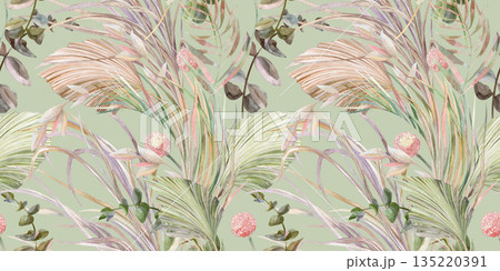 A seamless summer botanical pattern painted in watercolor with plants for textiles and wallpaper designs A seamless summer botanical pattern painted in watercolor with plants for textiles and wallpaper designs 135220391