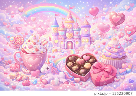 ゆめかわいい雲とハートに包まれたバレンタインファンタジーの世界 135220907