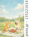 公園の広場でピクニックをする犬と猫 135221014