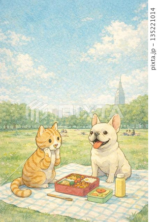 公園の広場でピクニックをする犬と猫 公園の広場でピクニックをする犬と猫 135221014