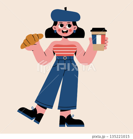 Cheerful vector illustration of french girl in beret enjoying coffee and croissant, representing parisian life and simple joys 135221015