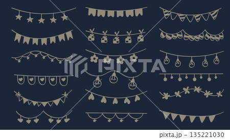 Gold Doodle Divider Bunting Flags Decoration Set.Vector Illustration 135221030