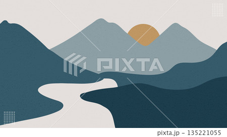 Mountains Landscape and Sunrise with River Flat Grunge Texture Hand Drawn.Vector Illustration Mountains Landscape and Sunrise with River Flat Grunge Texture Hand Drawn.Vector Illustration 135221055