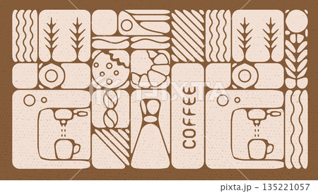 Coffee Decor Background with Flat Geometric Icons Hand Drawn.Vector Illustration 135221057