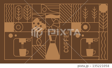 Brown Coffee Geometric Background with Line Art Icons Hand Drawn.Vector Illustration Brown Coffee Geometric Background with Line Art Icons Hand Drawn.Vector Illustration 135221058