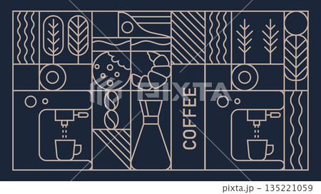 Gold Luxury Hand Drawn Illustration of Coffee Icons Bread and Bakery Products.Vector Illustration 135221059
