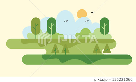Flat Illustration Green Landscape Park with Trees and Sun. 135221066