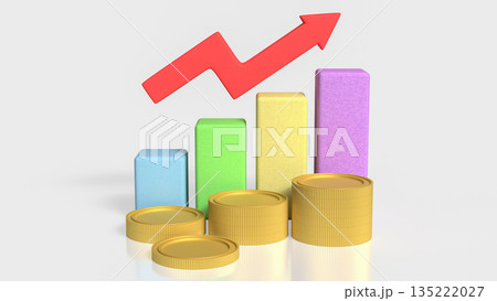Financial Profit Growth Concept with Stacked Coins Bar Chart and Rising Arrow 3d render. 135222027