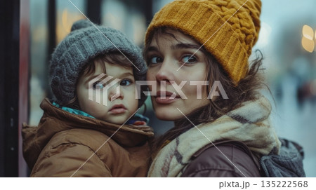 Mother holds child closely while standing outdoors in a bustling city on a chilly day Mother holds child closely while standing outdoors in a bustling city on a chilly day 135222568
