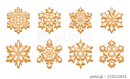 Gingerbread Snowflake Cookies Set With Sugar Icing And Decorative Patterns. Festive Christmas Bakery Collection Inspired By Winter Snowflakes For Holiday Design And Packaging. Vector Illustration 135222632