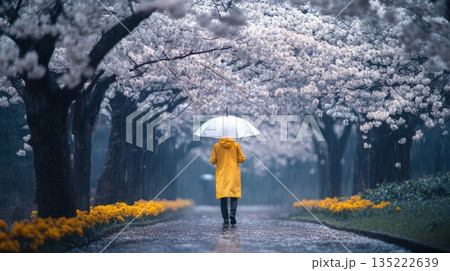 Person walking under an umbrella during a rainy day amidst blooming cherry blossom trees in a serene park setting 135222639