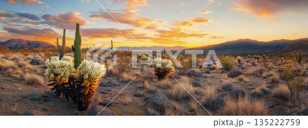 Vibrant desert landscape at sunset with unique cacti and rocky terrain in serene surroundings 135222759