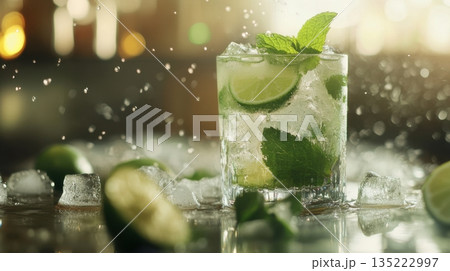 Refreshing cocktail with mint and lime served on a wooden table in a cozy bar during sunset 135222997