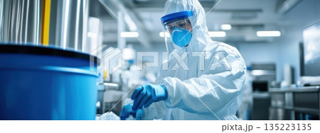 Laboratory technician conducting research in a sterile environment with protective gear Laboratory technician conducting research in a sterile environment with protective gear 135223135