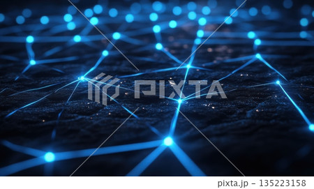 Blue light connections illuminate a dark surface, showcasing a network pattern with depth and complexity 135223158