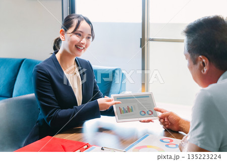 タブレットを使って説明するセールスレディ― 135223224