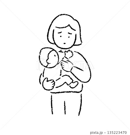 手描きの子どもを抱く母親_白黒 135223470