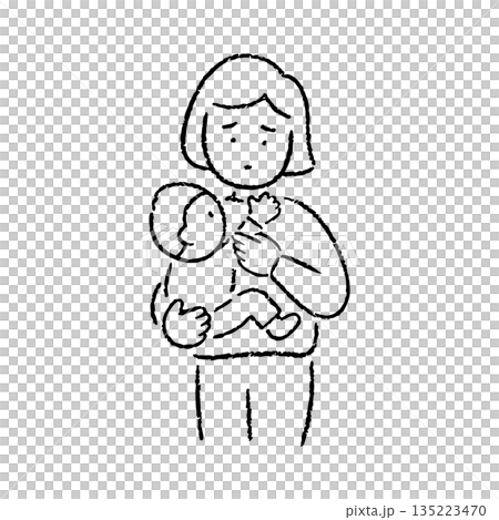 手描きの子どもを抱く母親_白黒 135223470