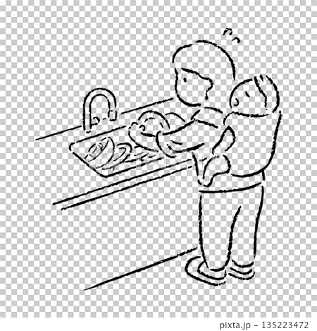 手描きのおんぶをして家事をする母親_白黒 手描きのおんぶをして家事をする母親_白黒 135223472