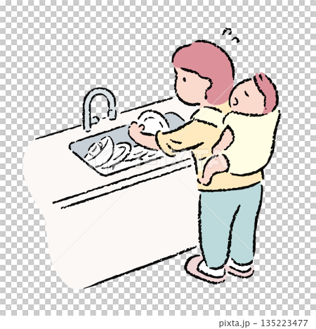 Hand-drawn mother doing housework while carrying her child on her back 135223477