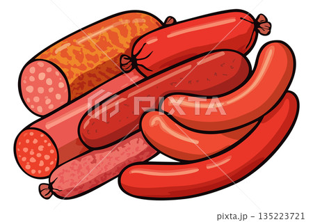Bunch of assorted sausages, each sausage uniquely textured and detailed. Vector isolated illustration 135223721