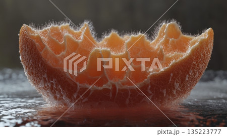 Orange segment splashing in water with vibrant detail and texture captured in a macro view 135223777