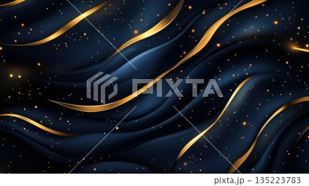 Dark blue swirling background with golden waves and shimmering stars creates a luxurious atmosphere for design projects 135223783