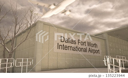 Dallas Fort Worth International Airport exterior with airplane overhead in winter snowfall, Dallas Fort Worth, United States 3D rendering 135223944