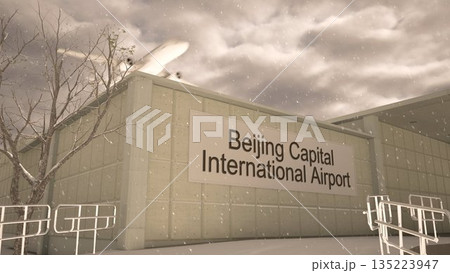 Beijing Capital International Airport exterior with airplane overhead in winter snowfall, Beijing, China 3D rendering Beijing Capital International Airport exterior with airplane overhead in winter snowfall, Beijing, China 3D rendering 135223947