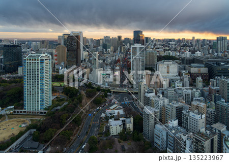 曇天に包まれた東京の高層ビル群と広がる都市風景 135223967