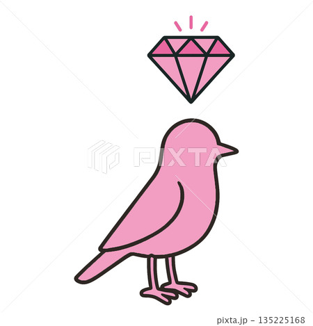 ダイヤモンドマークとポップなデフォルメ鳥キャラクターのシンプルイラスト（カラフル） 135225168
