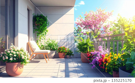 想的なガーデニングライフを楽しむ、観葉植物と花に囲まれたリラックスチェアのある屋外テラス 135225170