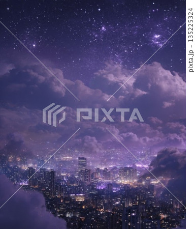 雲に隠れるキラキラと輝く夜景と星空 135225324