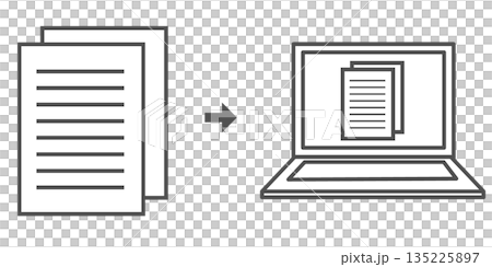 Illustration of paper documents being converted to digital data Illustration of paper documents being converted to digital data 135225897