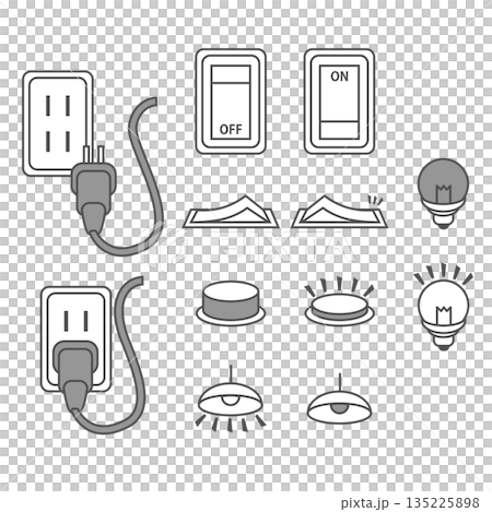 Illustration set of power on/off and outlet, illustration set that can be used to explain lighting and home appliances 135225898