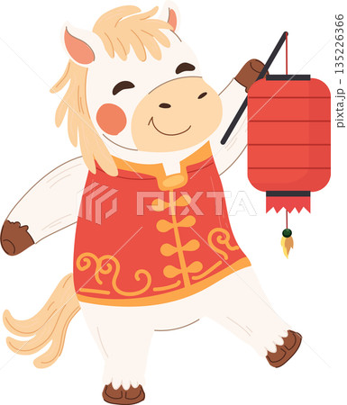 White horse celebrating chinese new year, holding a red lantern and wearing traditional costume. 135226366