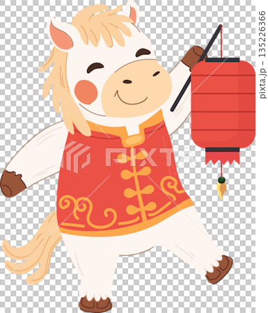 White horse celebrating chinese new year, holding a red lantern and wearing traditional costume. 135226366