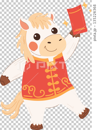 Cute cartoon horse character holding a red envelope, celebrating Chinese New Year. Cute cartoon horse character holding a red envelope, celebrating Chinese New Year. 135226368