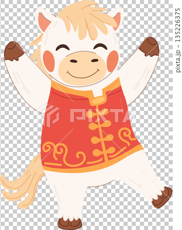A smiling zodiac character white horse wearing a red traditional outfit. chinese new year. 135226375