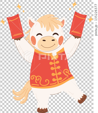 Happy white horse zodiac character celebrating Chinese New Year holding red envelopes with both hands during the lunar new year festival 135226377